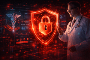 Healthcare cybersecurity with a doctor, digital medical data, amd a glowing shield with lock